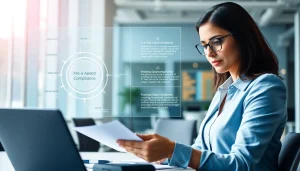 Analyzing pre and post award compliance documents in a bright office environment.