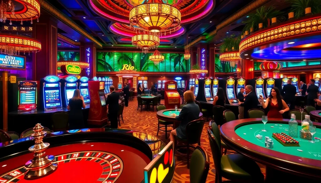 Players enjoying high-stakes games in a Rio-themed luxurious casino setting.