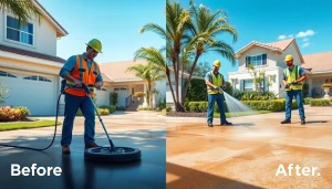 Concrete cleaning team revitalizing a residential driveway, showcasing effective pressure washing results.