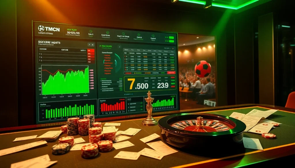 Betting on soccer scores and odds at 7mcn with vibrant graphics and casino elements.