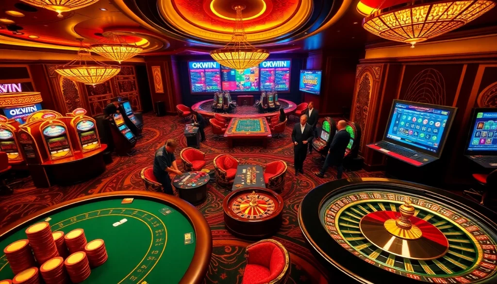 High-stakes gambling at okwin casino with vibrant tables, thrilling players, and dynamic online gaming.