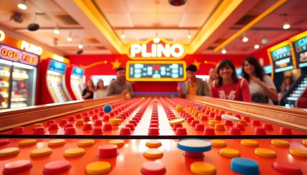 Permainan plinko demo yang menarik dengan peletakan jalur bola dan suasana arcade yang ceria.