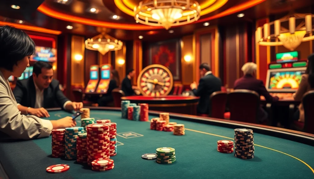 Players engaging in a thrilling game at f168 casino, surrounded by poker chips and vibrant slot machines.