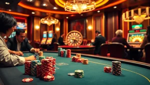 Players engaging in a thrilling game at f168 casino, surrounded by poker chips and vibrant slot machines.