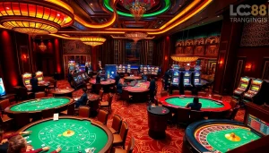 Exciting casino experience capturing Trang Chủ LC88 with players winning at tables and slots.