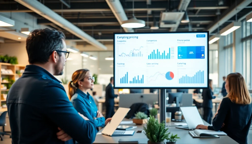 Analyze competitor pricing insights in a dynamic office environment featuring a presentation.