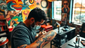 Artist creating a unique tattoo at entrelagostattooartgallery.com in a vibrant art gallery setting.