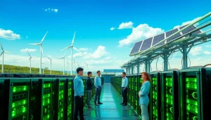 Crypto cloud mining facility with eco-friendly energy sources, showcasing advanced technology.