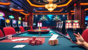 Engage with thrilling gaming experiences at https://jun88ld.com/ showcasing poker tables and vibrant slot machines.