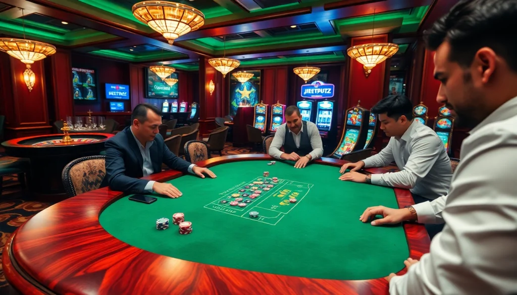 Play exciting games at jeetbuzz ক্যাসিনো with a luxurious poker table and vibrant casino atmosphere.