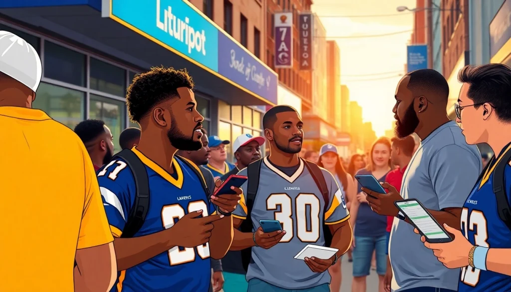 Bettors enjoying sportsbooks in Georgia with a lively urban backdrop and engaging atmosphere.