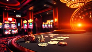 Playing at the AF88 poker table, showcasing luxury poker chips and cards in a vibrant casino scene.