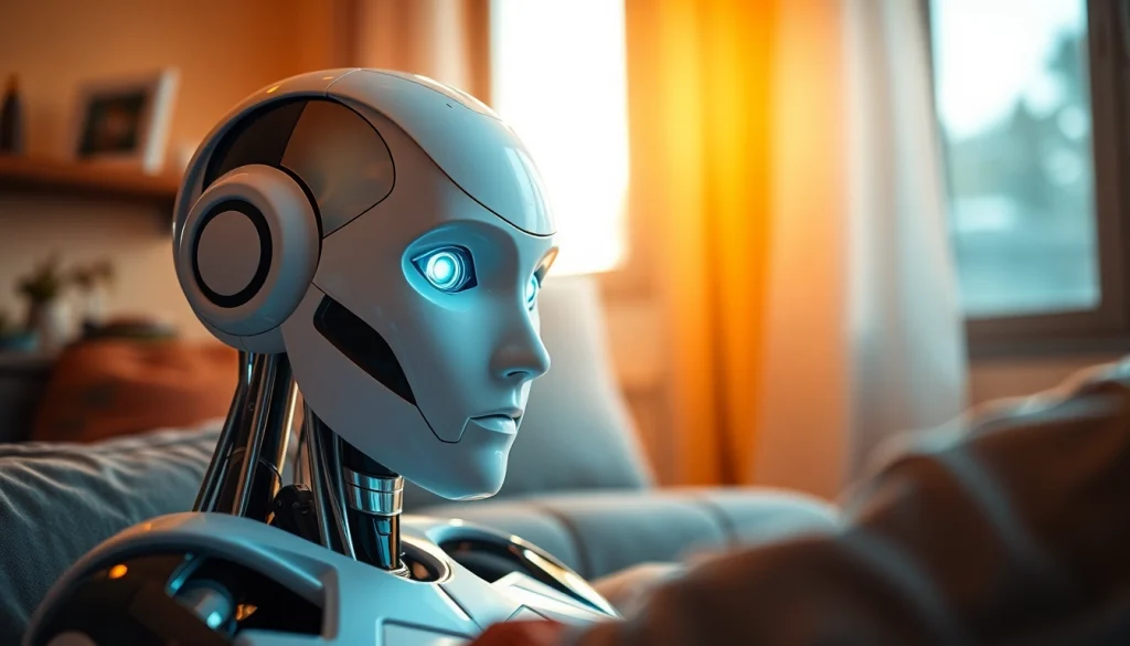 AI sex bot interacting with a user in a warm, intimate setting, showcasing advanced technology and emotional connection.