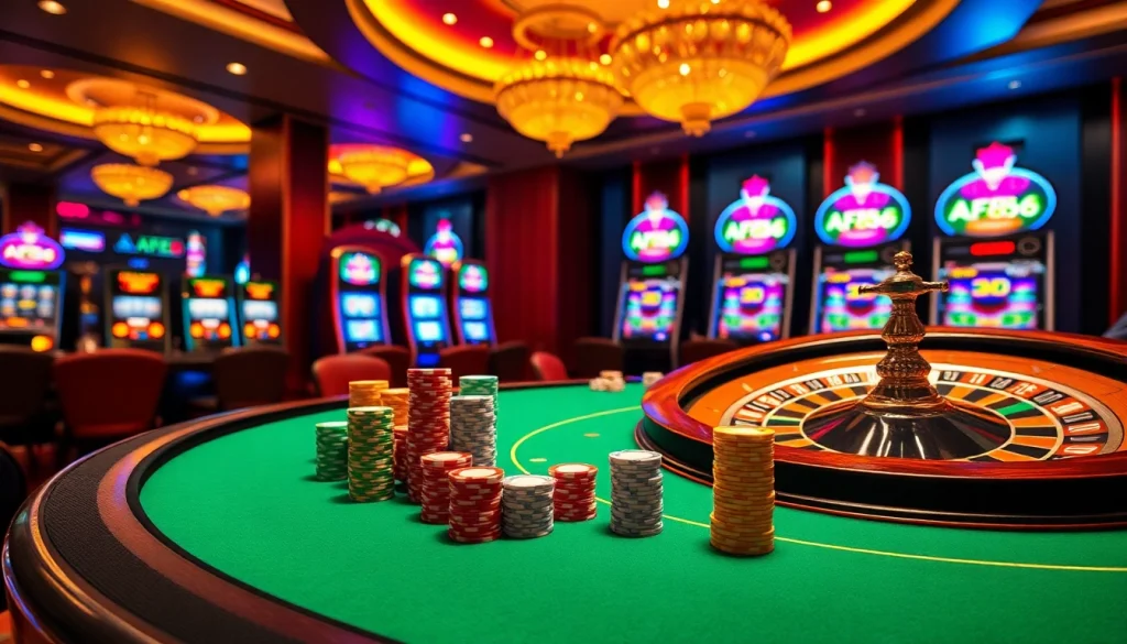 Engage in an exciting poker game experience at AF88 casino, featuring colorful chips and a roulette wheel.
