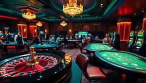 Exciting gaming scene at rr88com with roulette wheel and poker tables.
