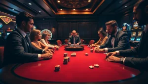 Players at https://marvelbet.site/ engage in an exciting poker game surrounded by vibrant casino elements.