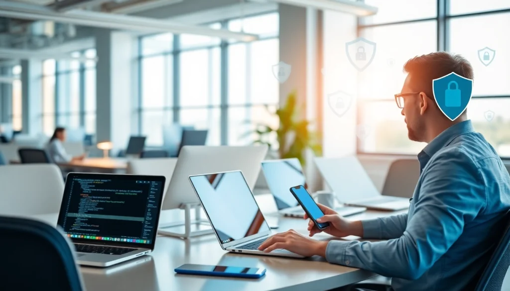 HelloWorld下载: A user engaging with HelloWorld software in a modern office, showcasing seamless multilingual capabilities and a secure digital environment.