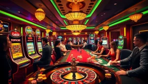 Experience u888 love with excited gamblers engaging at vibrant casino tables filled with slot machines and poker chips.