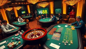 Experience thrilling gameplay at Hi88 with vibrant casino tables, poker chips, and roulette excitement.