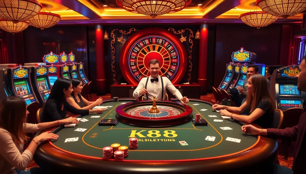 K88 players enjoying a thrilling game at a luxurious casino table, surrounded by vibrant light.