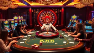 K88 players enjoying a thrilling game at a luxurious casino table, surrounded by vibrant light.