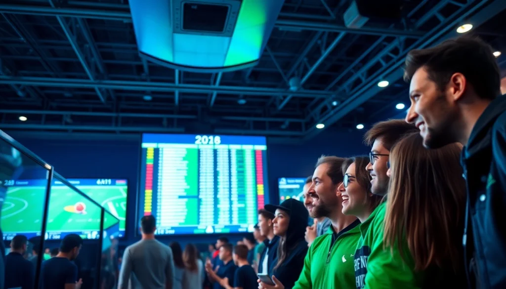Engaging scene of bettors using sportsbooks in California, highlighting an energetic sports betting environment.