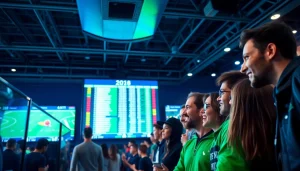 Engaging scene of bettors using sportsbooks in California, highlighting an energetic sports betting environment.