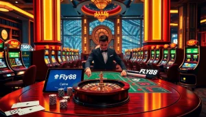 Experience thrilling gaming action at Nhà cái Fly88 with vibrant slot machines and elegant casino tables.