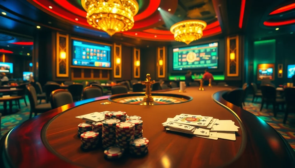 Experience the thrill of sh bet with vibrant casino tables, cards, chips, and roulette.