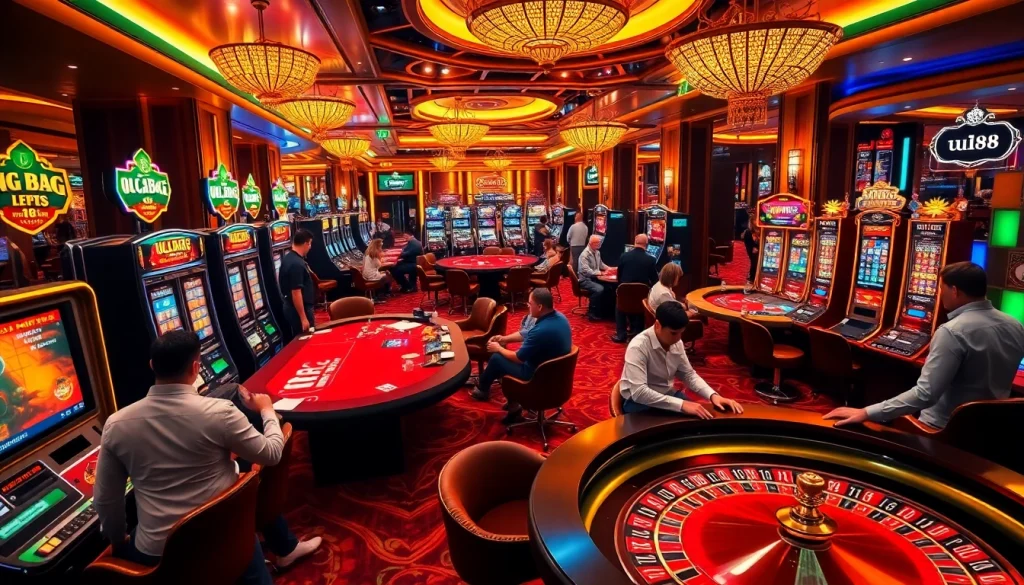 Players enjoying an exhilarating gaming experience at uu88 casino with vibrant tables and machines.