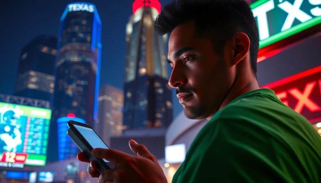 Engaging scene of sports betting in Texas featuring dynamic elements and a vibrant city atmosphere.