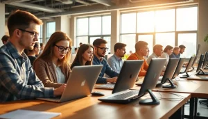 Enhance your skills at a vibrant typing center with professionals engaged in typing activities.