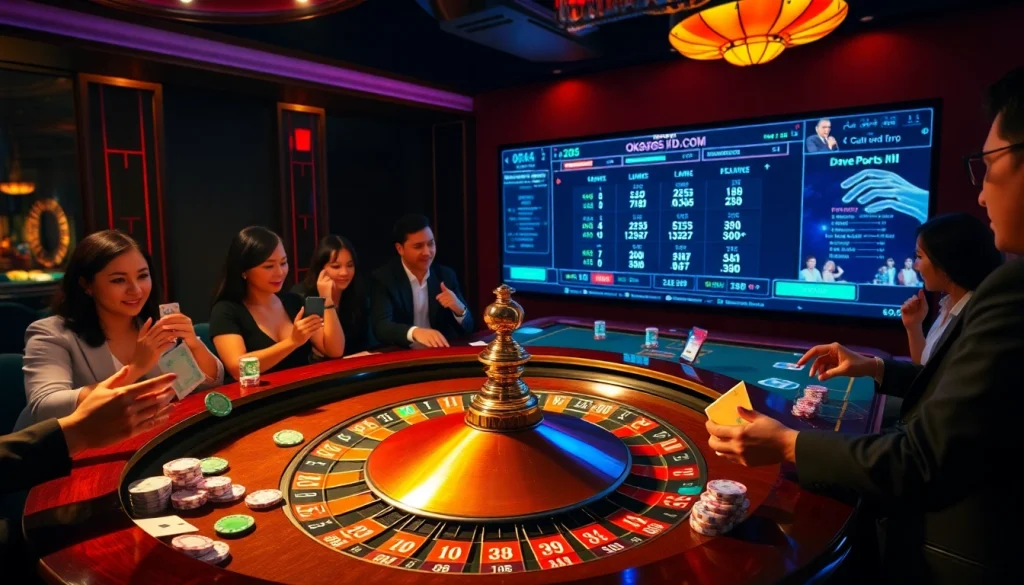 Experience luxury at OK365KD.COM with players engaging in a thrilling casino atmosphere featuring roulette tables and vibrant chips.