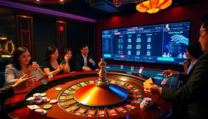Experience luxury at OK365KD.COM with players engaging in a thrilling casino atmosphere featuring roulette tables and vibrant chips.