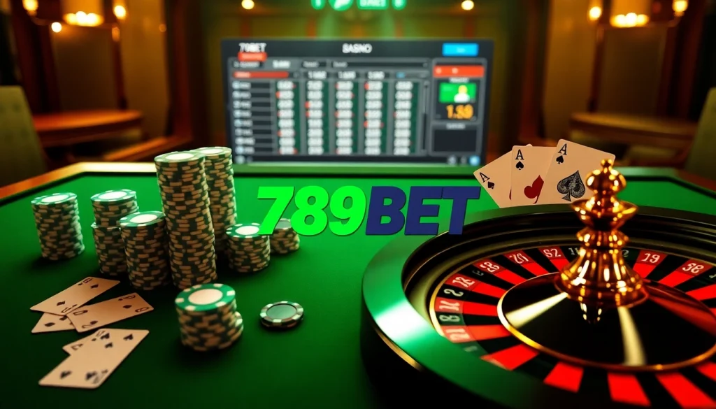 Experience the excitement of casino gaming with 789BET’s vibrant poker and roulette table setup.