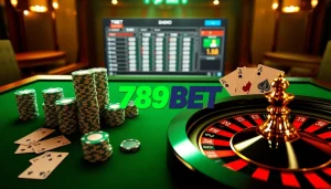 Experience the excitement of casino gaming with 789BET’s vibrant poker and roulette table setup.