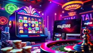 A high-energy muji138 online casino scene featuring vibrant slot machines, cards, and chips in an elegant setting.