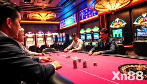Experience winning strategies at the XN88 poker table amidst vibrant casino excitement.