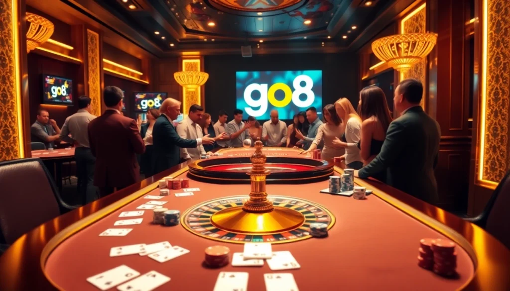 Players enjoying a thrilling game of poker at the luxurious Go8 casino.