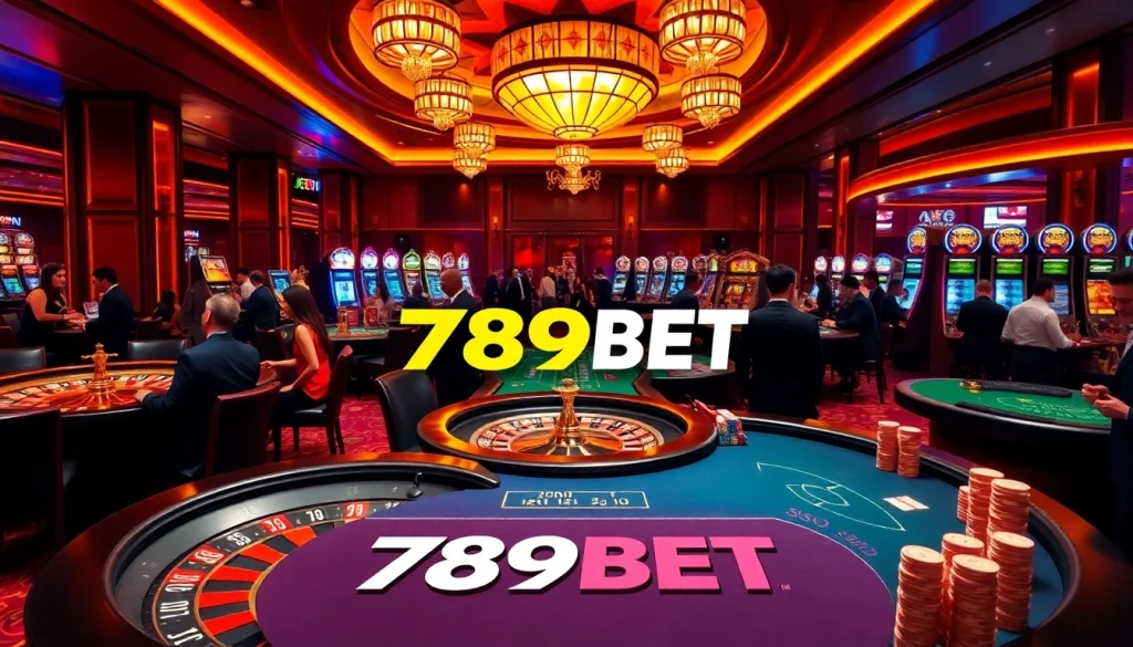 Excited gamblers playing at a stylish casino with 789BET branding on the table.