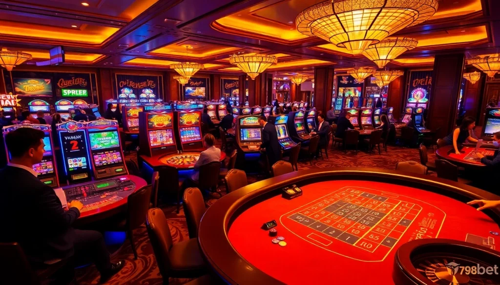 Players enjoying a thrilling casino experience at 789bet, showcasing baccarat tables and vibrant slots.