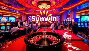 Sunwin players engaging in an exciting casino environment with roulette, poker, and slot machines.