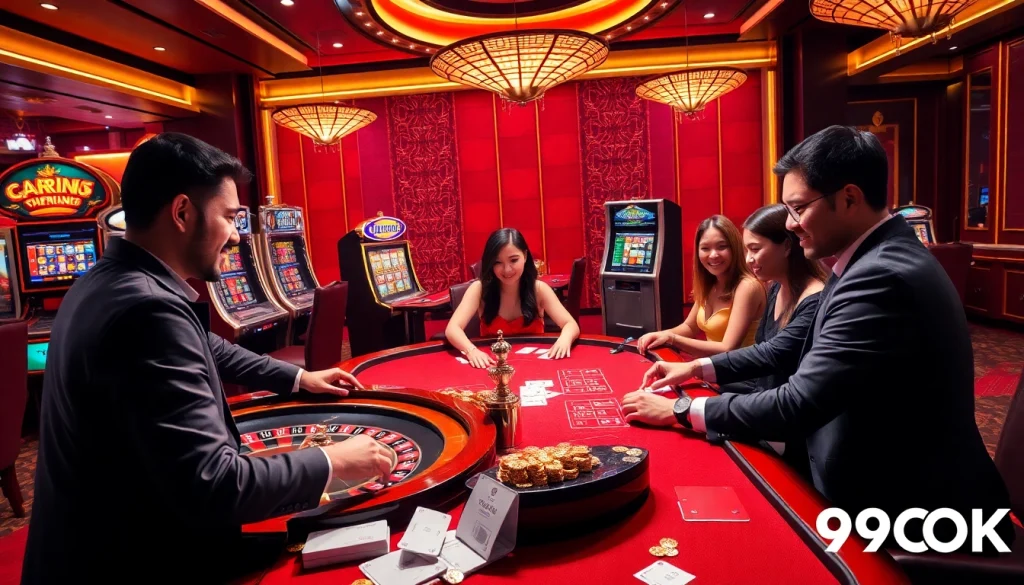 Players enjoying an exciting game at 99OK's vibrant casino tables with roulette and poker.