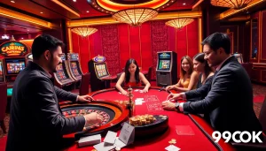 Players enjoying an exciting game at 99OK's vibrant casino tables with roulette and poker.