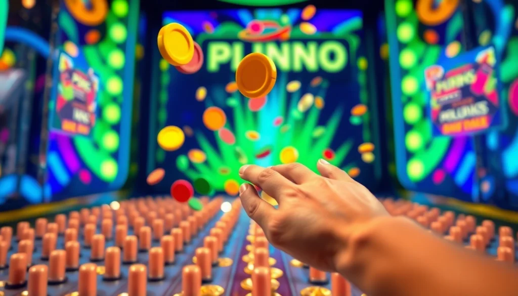Permainan demo plinko yang menarik dengan chip berwarna jatuh melalui labirin paku.