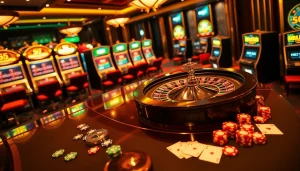 Players enjoy thrilling games at SOIBET casino with vibrant slot machines and roulette wheel.