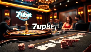 Experience thrilling gameplay at 7upbet with elegant casino tables and vibrant poker chips.