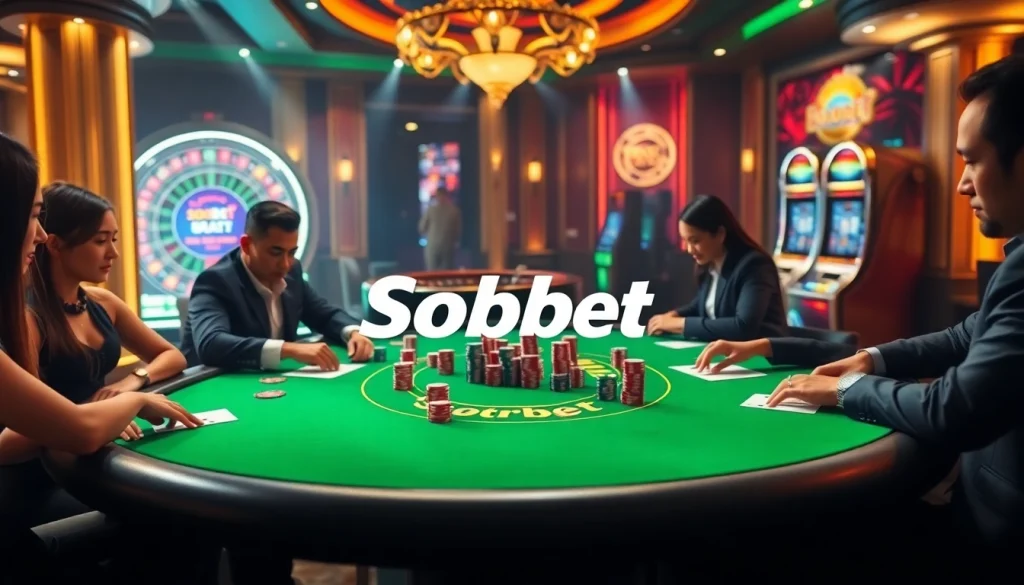Sbobet players enjoy a thrilling poker game at a luxurious casino table.