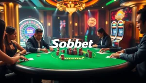 Sbobet players enjoy a thrilling poker game at a luxurious casino table.