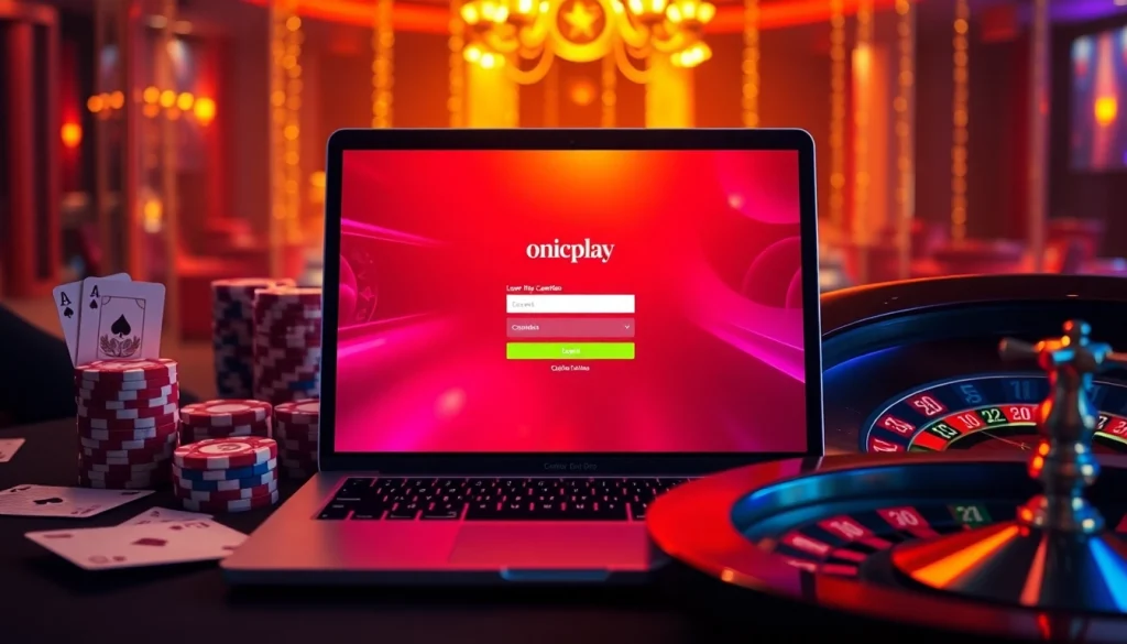 Engage with the thrilling onicplay login experience surrounded by casino elements like poker chips and cards.